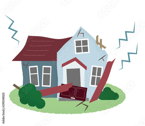 地震の被害に遭う住宅のベクターイラスト