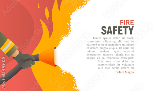 Fire safety vector illustration. Precautions the use of fire background template. A firefighter fights a fire cartoon flat design. Natural fires and disasters web banner photo
