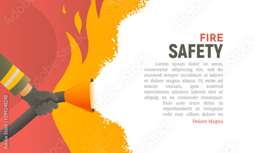 Fire safety vector illustration. Precautions the use of fire background template. A firefighter fights a fire cartoon flat design. Natural fires and disasters web banner