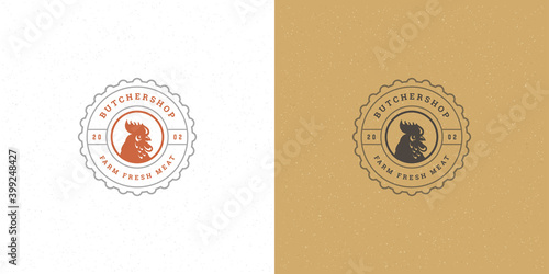 Butcher shop logo vector illustration rooster head silhouette good for poultry farm or restaurant badge