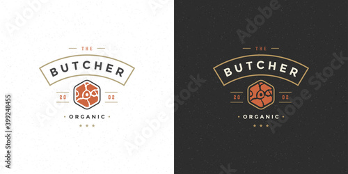 Butcher shop logo vector illustration meat steak silhouette good for farm or restaurant badge