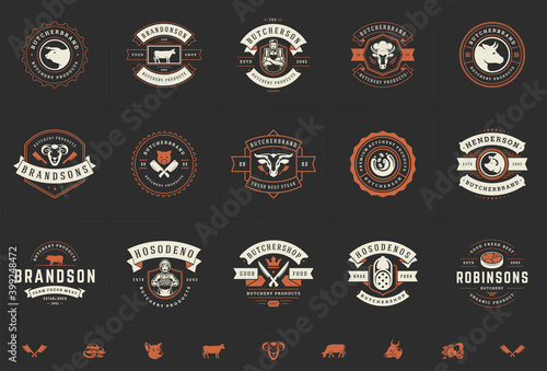Butcher shop logos set vector illustration good for farm or restaurant badges with animals and meat silhouettes