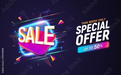 Sale discount banner on dark background. Advertising vector illustration. Discount coupon template