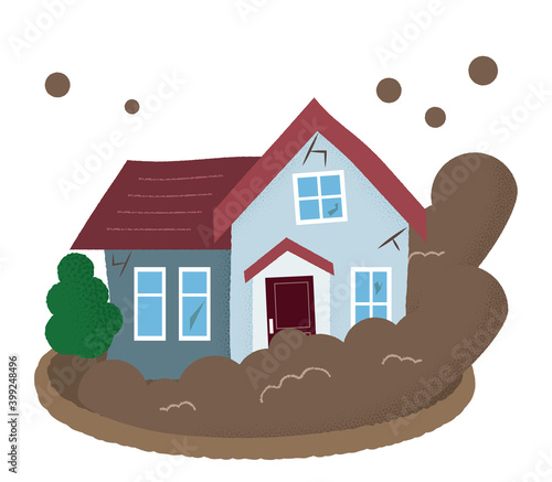 土砂崩れに遭う住宅のベクターイラスト