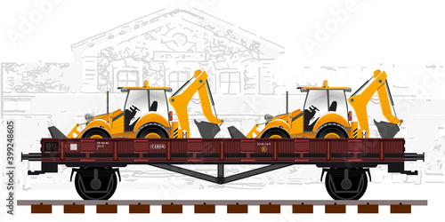 Detailed railway wagon loaded with a couple of excavator vector illustration