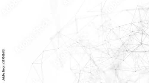 Abstract white background with moving dots and lines. Network connection structure. Futuristic illustration. Digital technology design. 3d rendering.