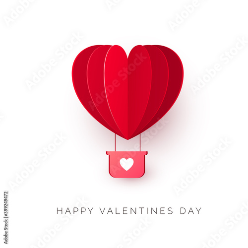 Valentine`s day with paper cut red heart shape air balloon. Be my Valentine illustration. Vector
