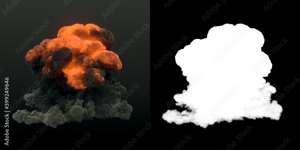 Fototapeta premium Fire explosions with smoke on dark background. Alpha channel 3d rendering