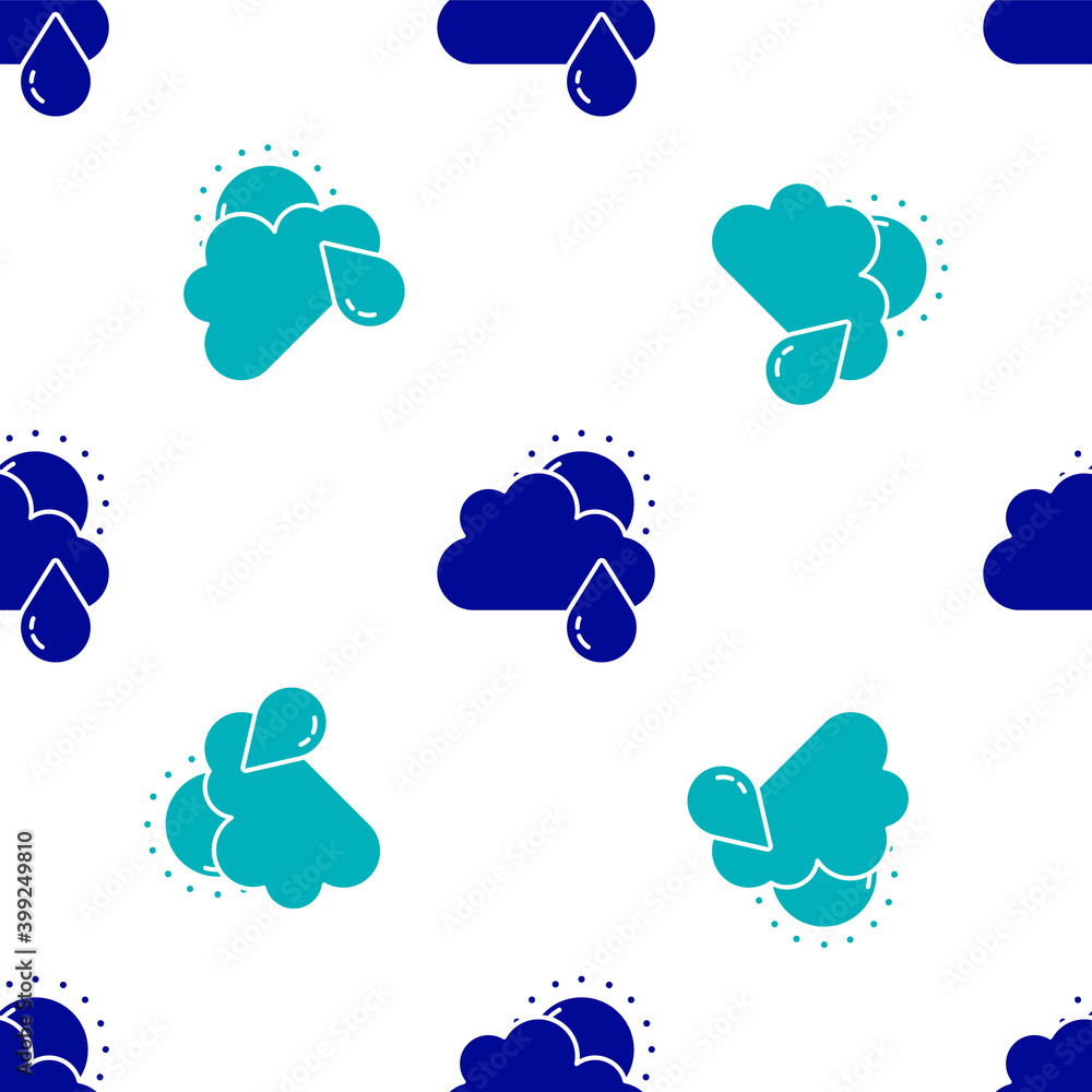 Blue Cloud with rain and sun icon isolated seamless pattern on white background. Rain cloud precipitation with rain drops. Vector.