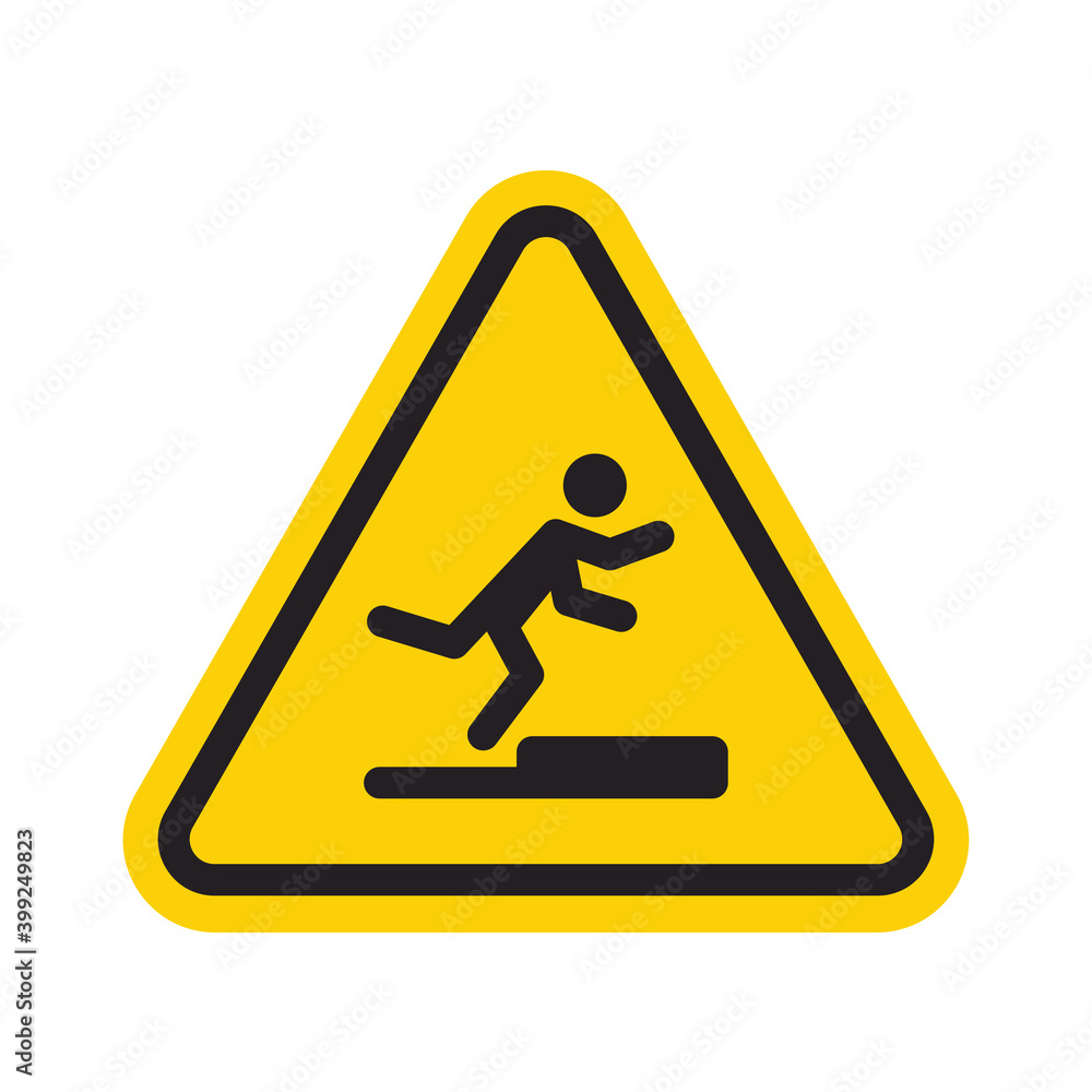 Stumbling man icon in yellow triangle. A warning sign about the danger. Tripping hazard. Watch your step symbol. Isolated vector illustration on white background Stumbling man icon in yellow triangle. A warning sign about the danger. Tripping hazard. Watch your step symbol. Isolated vector illustration on white background