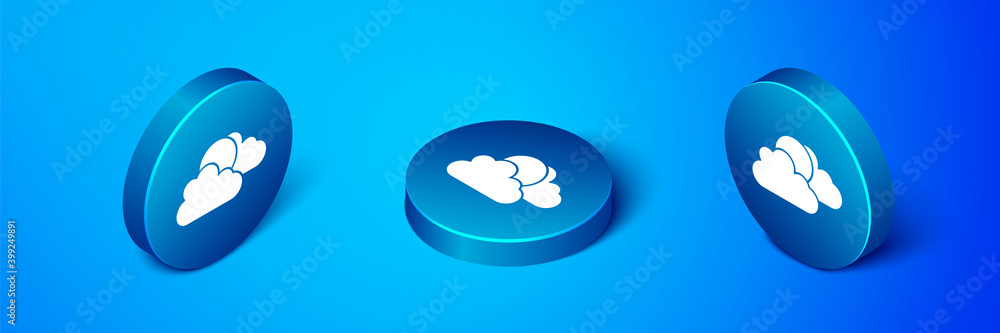 Isometric Sun and cloud weather icon isolated on blue background. Blue circle button. Vector. Isometric Sun and cloud weather icon isolated on blue background. Blue circle button. Vector.