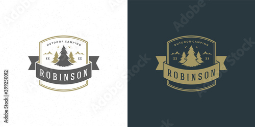 Forest camping logo emblem summer vacation vector illustration pine tree silhouette for shirt or print stamp