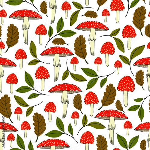 seamless pattern with fly agaric mushrooms and leaves on a white background