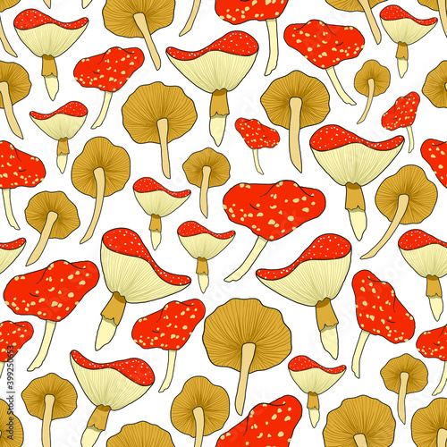 seamless vector repeat pattern with mushrooms in red and beige on a white background
