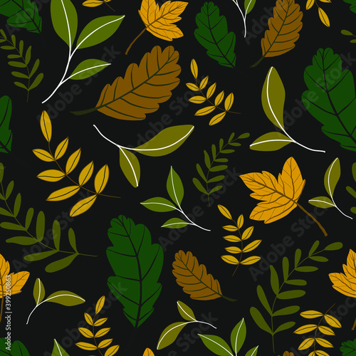 seamless vector repeat pattern with various illustrated leaves in green, yellow and brown on a black background
