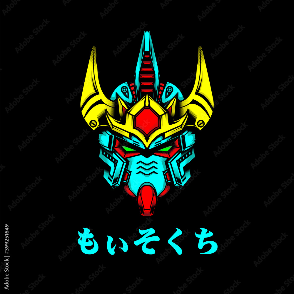 Mecha Head with japanese text and neon color, can use for mascot logo, gaming logo, tshirt and more Mecha Head with japanese text and neon color, can use for mascot logo, gaming logo, tshirt and more
