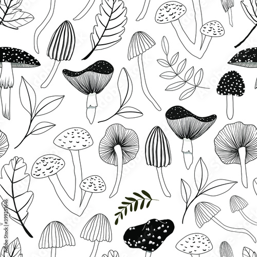 seamless vector repeat, black and white pattern with mushrooms and leaves