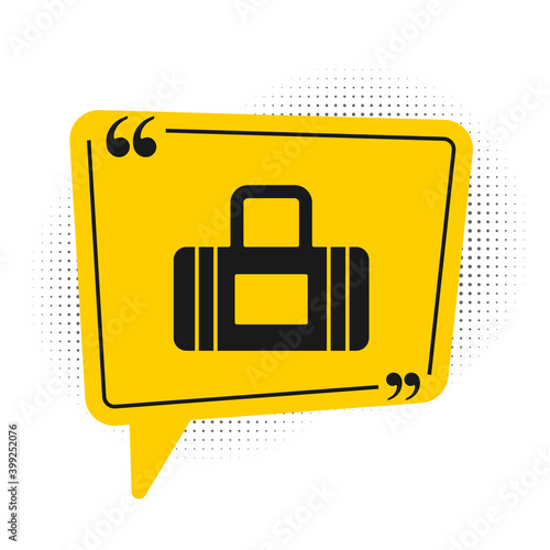 Black Sport bag icon isolated on white background. Yellow speech bubble symbol. Vector.