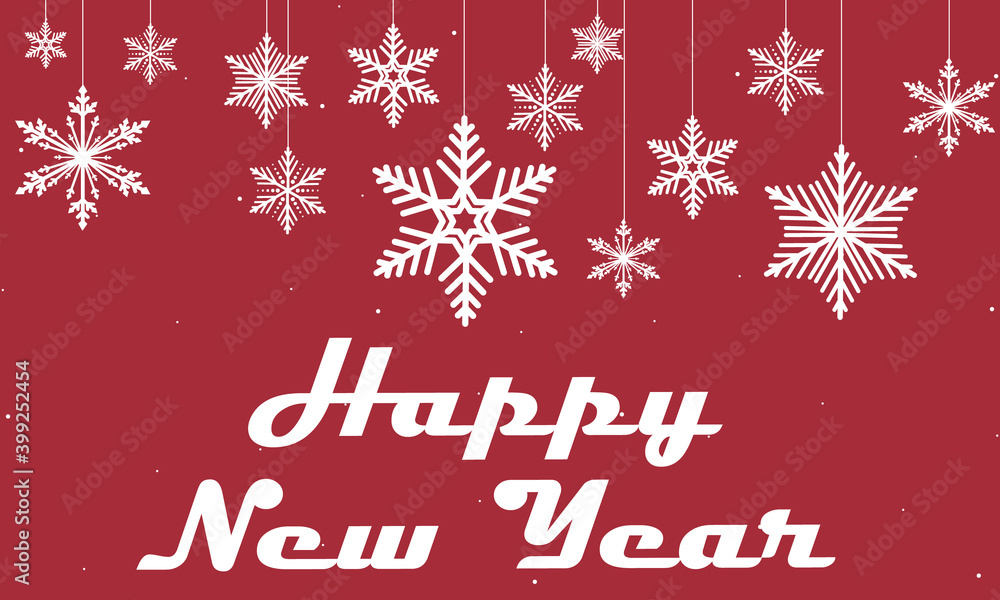 Happy new year on the background of hanging christmas snowflakes, vector art illustration.