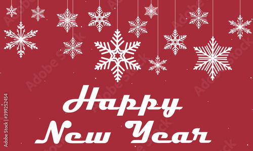 Happy new year on the background of hanging christmas snowflakes  vector art illustration.