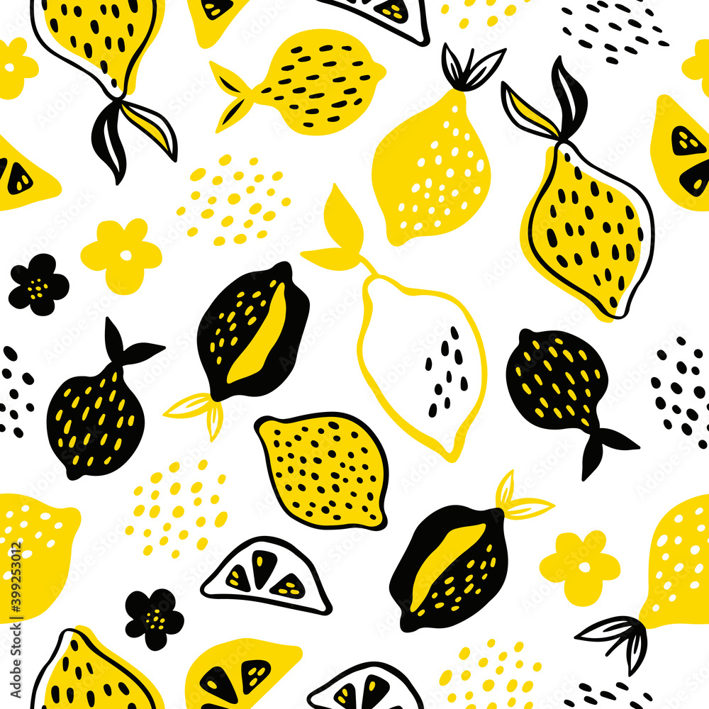Vetor de Hand drawn vector pattern of different decorative lemons ...