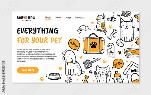 Pets hotel landing page in Doodle style, vector template. Caring for animals, dogs, cats and parrots