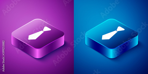 Isometric Tie icon isolated on blue and purple background. Necktie and neckcloth symbol. Square button. Vector.