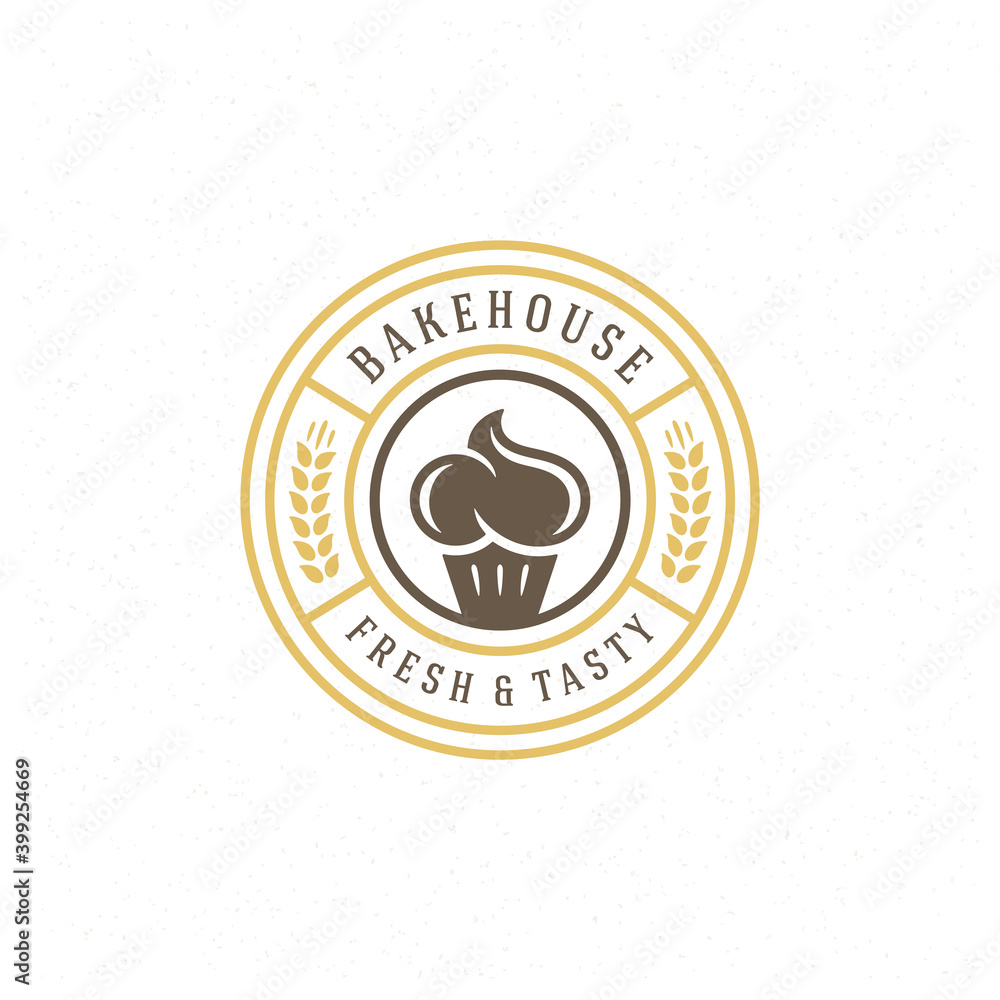 Obraz premium Bakery badge or label retro vector illustration cupcake and wheat silhouettes for bakehouse.