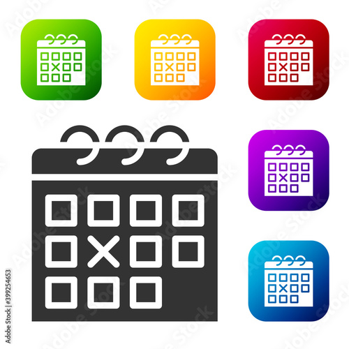 Black Calendar fitness icon isolated on white background. Training schedule. Set icons in color square buttons. Vector.