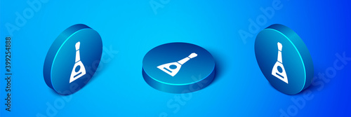 Isometric Musical instrument balalaika icon isolated on blue background. Blue circle button. Vector.
