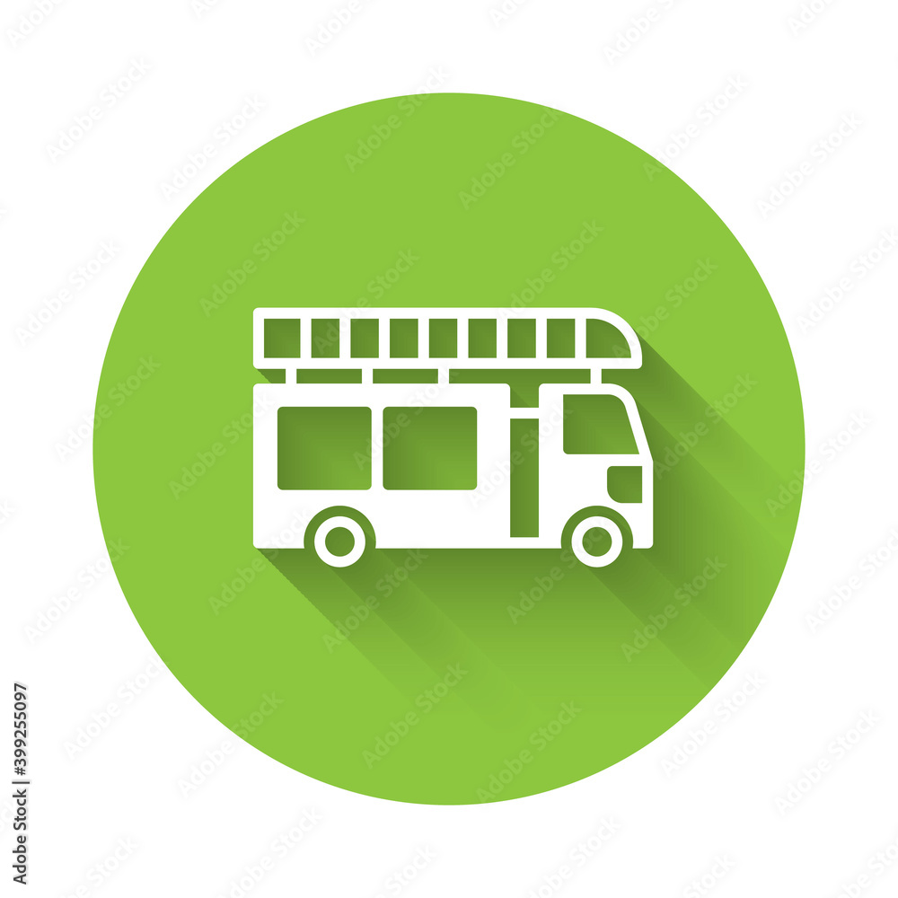 White Fire truck icon isolated with long shadow. Fire engine. Firefighters emergency vehicle. Green circle button. Vector. White Fire truck icon isolated with long shadow. Fire engine. Firefighters emergency vehicle. Green circle button. Vector.