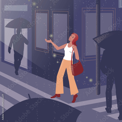 Vector illustration of a girl under summer rain in a big city.