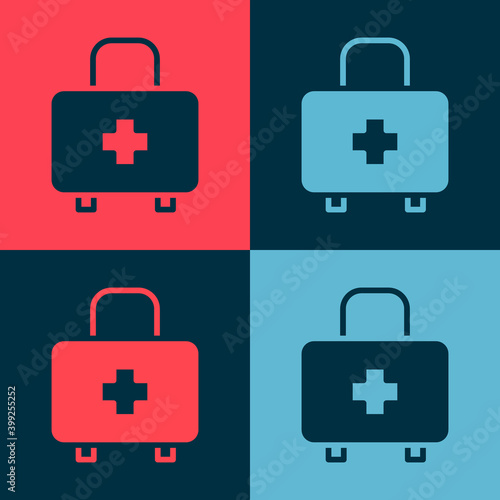 Pop art First aid kit icon isolated on color background. Medical box with cross. Medical equipment for emergency. Healthcare concept. Vector.