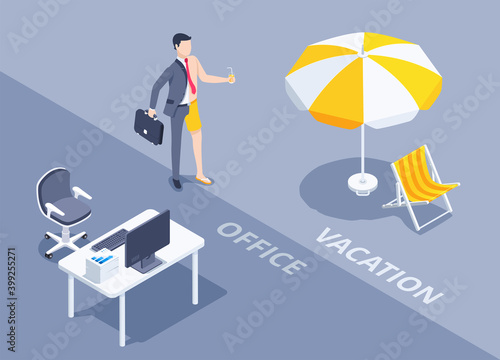 isometric vector illustration on gray background, man in business suit and shorts near work desk and umbrella, office or vacation
