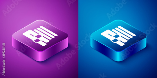 Isometric Towel stack icon isolated on blue and purple background. Square button. Vector.