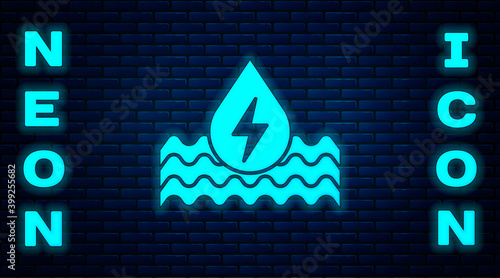 Glowing neon Water energy icon isolated on brick wall background. Ecology concept with water droplet. Alternative energy concept. Vector.
