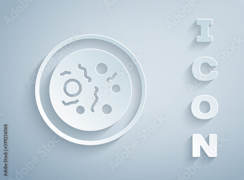 Paper cut Petri dish with bacteria icon isolated on grey background. Paper art style. Vector.