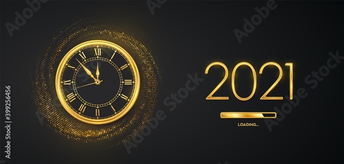 Happy New Year 2021. Golden metallic numbers 2021, gold watch with Roman numeral and countdown midnight with loading bar on shimmering background. Bursting backdrop with glitters. Vector illustration.
