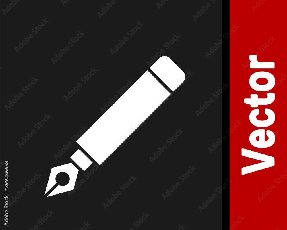 White Fountain pen nib icon isolated on black background. Pen tool sign. Vector. White Fountain pen nib icon isolated on black background. Pen tool sign. Vector.