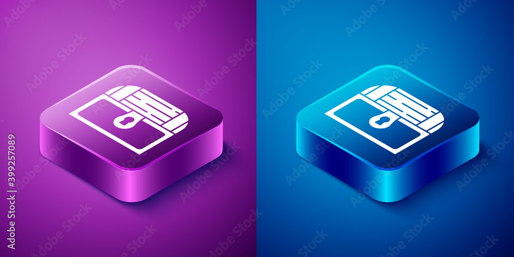 Isometric Antique treasure chest icon isolated on blue and purple background. Vintage wooden chest with golden coin. Square button. Vector. Isometric Antique treasure chest icon isolated on blue and purple background. Vintage wooden chest with golden coin. Square button. Vector.