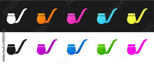 Set Smoking pipe with smoke icon isolated on black and white background. Tobacco pipe. Vector.