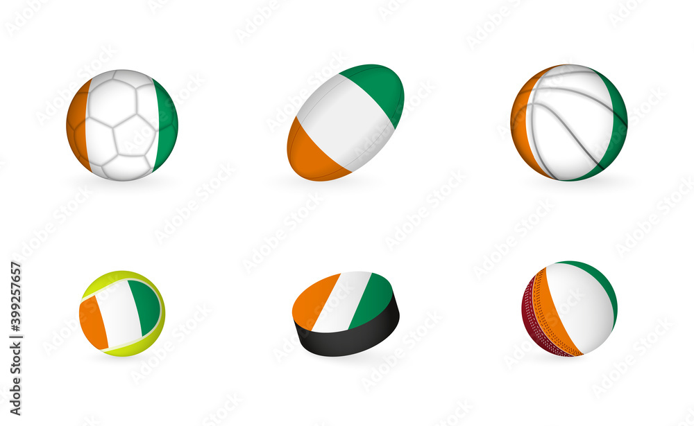 Sports equipment with flag of Ivory Coast. Sports icon set.