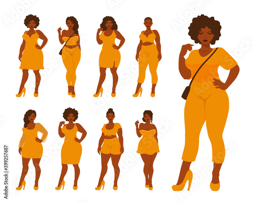 Beautiful women wear casual clothes: a dress, pants, shorts. A curvy African American girl wears high heels shoes. Plus size stylish woman. A vector cartoon illustration.