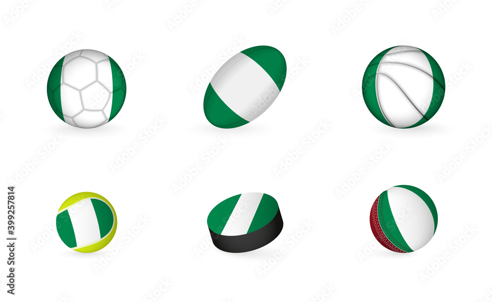 Sports equipment with flag of Nigeria. Sports icon set.