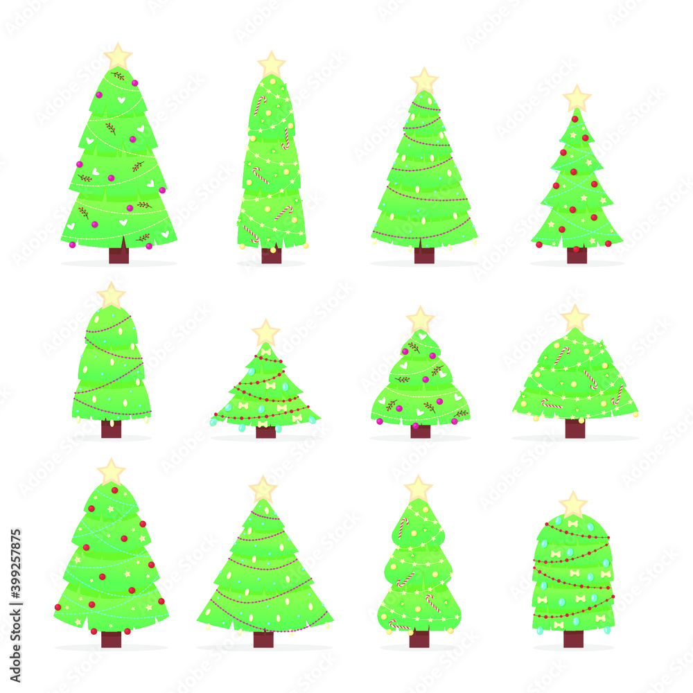 Collection of Christmas trees. Cartoon Christmas trees in garlands. Can be used for printed products - flyers, posters, business cards. Vector illustration
