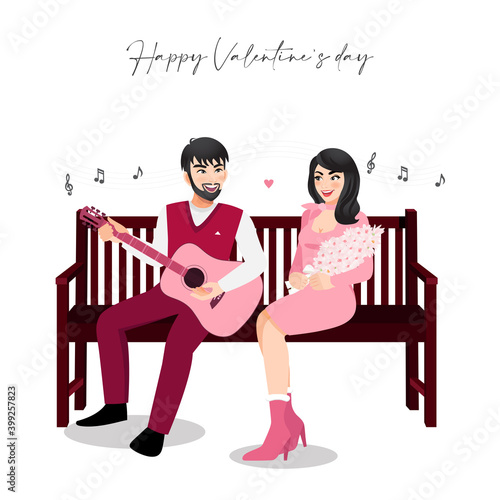 Cartoon character with a couple sitting on vintage wood chair on white background. Valentine s Day festival. Lover sings a song together vector illustration