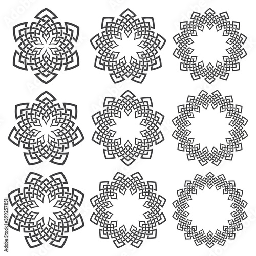 Set of round frames. Nine decorative logo elements with stripes braiding. Circle patterns, circles design kit, vintage rings package.