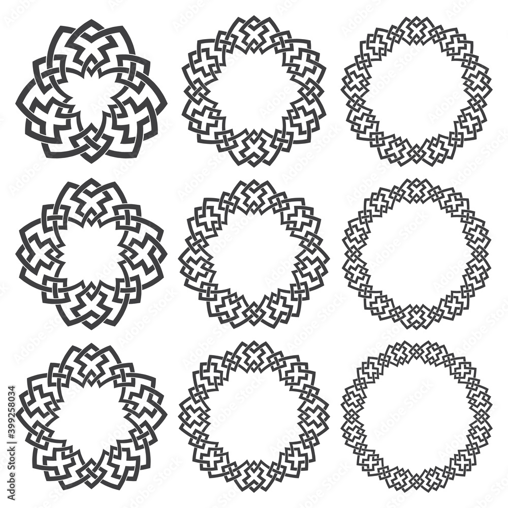 Set of round frames. Nine decorative elements for design with stripes braiding borders. Black lines on white background. Set of round frames. Nine decorative elements for design with stripes braiding borders. Black lines on white background.