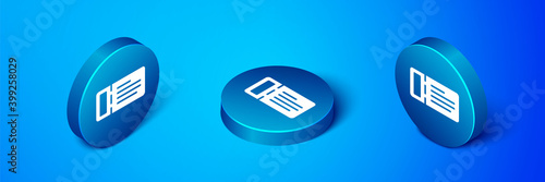 Isometric Cruise ticket for traveling by ship icon isolated on blue background. Travel by Cruise liner. Cruises to Paradise. Blue circle button. Vector.