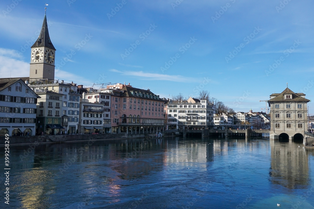 View over Zürich and the river Limmat in Switzerland